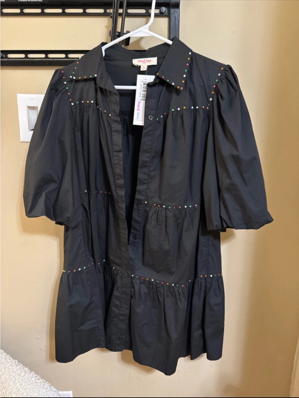 Black Puff-Sleeve Button front dress with Multicolor Studs